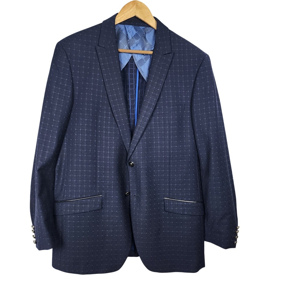 Menticano Zignone Wool Sport Coat Mens 42R Navy Blue Windowpane Blazer Casual - Picture 1 of 16